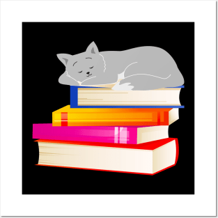 Cat sleeping on Books Reading Cat Lover Posters and Art